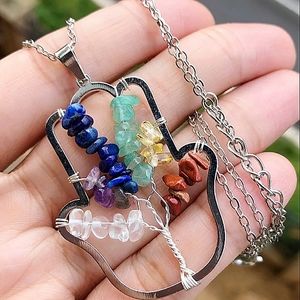 7 Chakra Tree Of Life Stone Palm Necklace Healing Reiki Amulet.